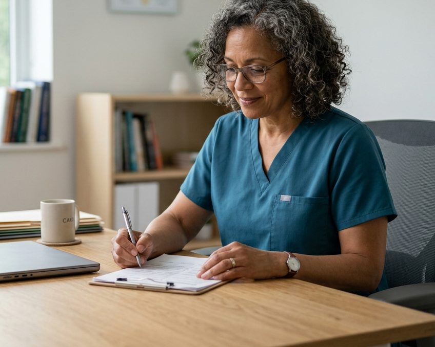 Nurse practitioner reviewing notes at her desk