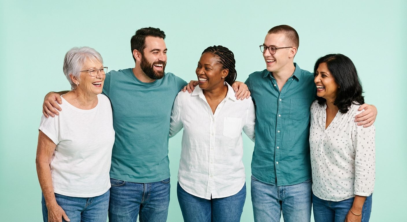 Five everyday Australians of different ages laughing together