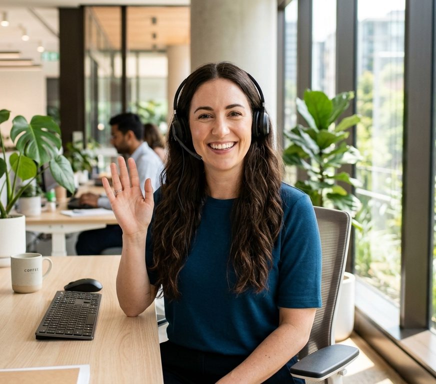 Patient support team member with a headset waving hello from her desk
