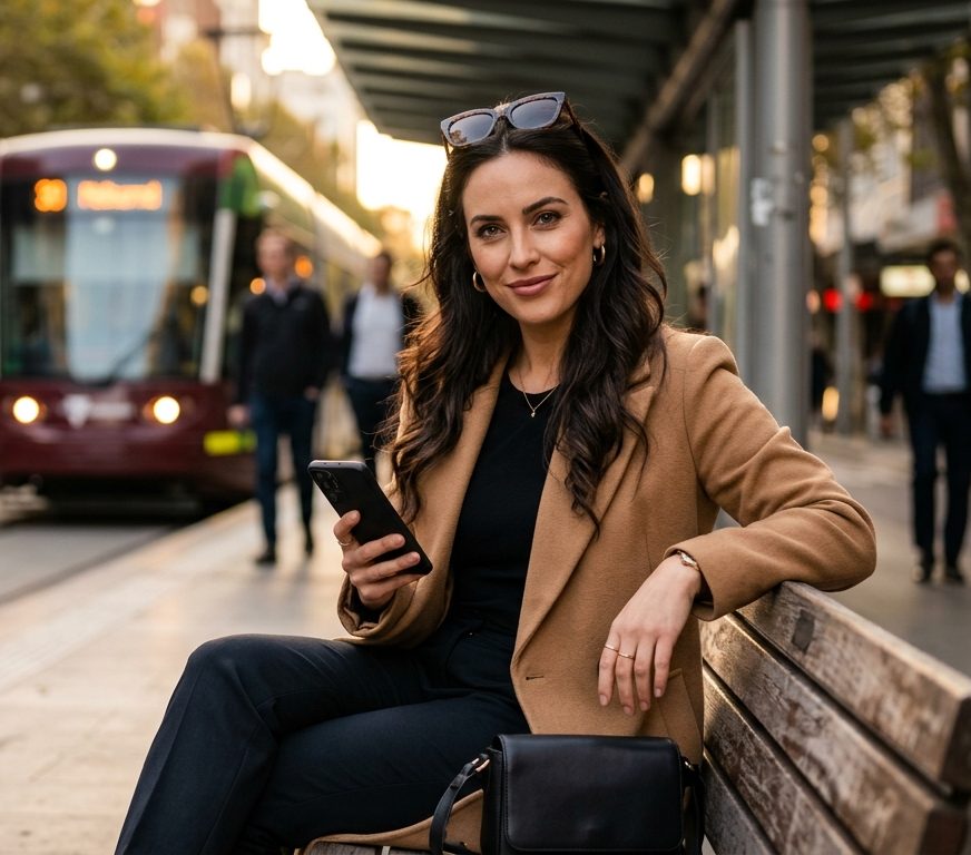 Woman at a Melbourne tram stop smiling up from her phone