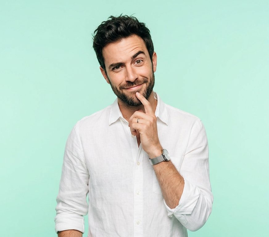 Man with a curious, thoughtful expression against a soft mint backdrop