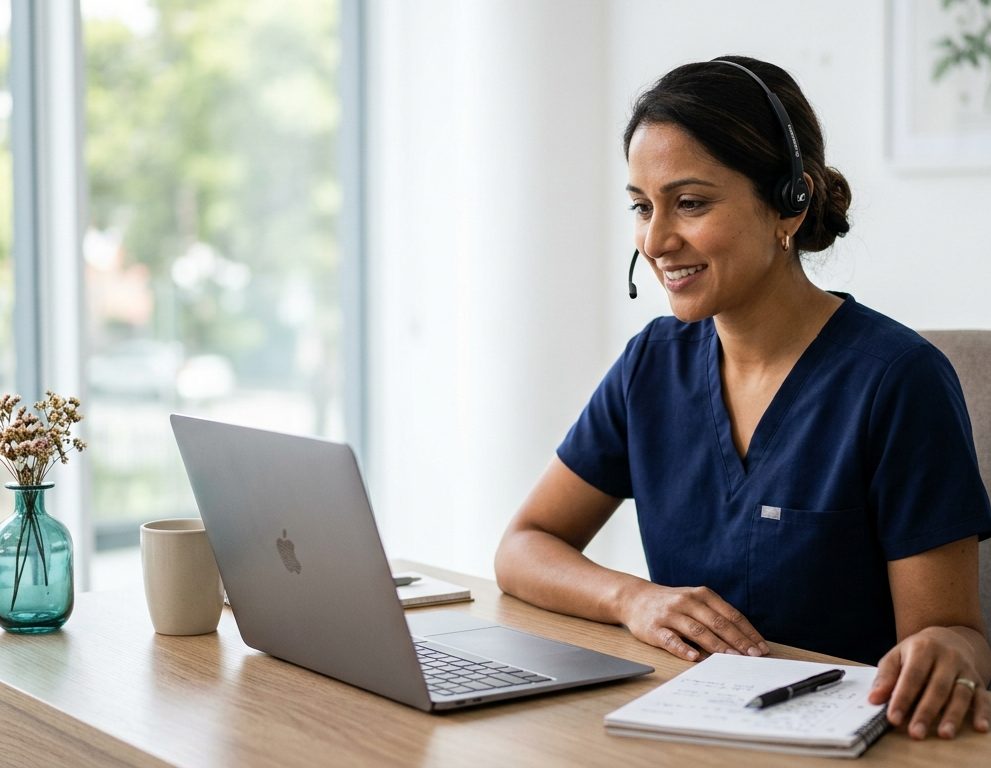 Nurse practitioner with a headset listening during a video consultation