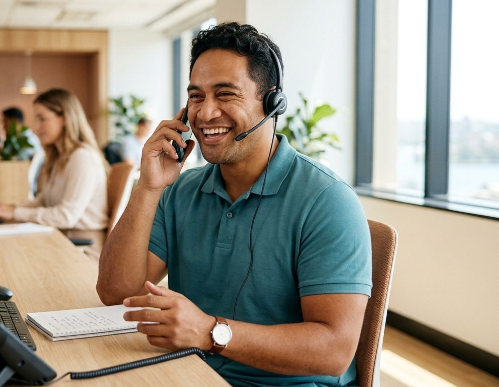 Patient support team member laughing on a call at his desk