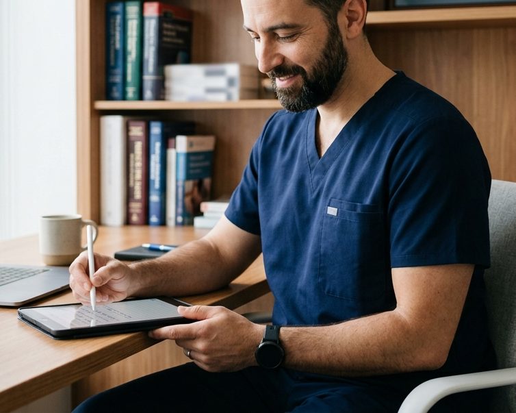 Nurse practitioner taking notes on a tablet during a video consultation