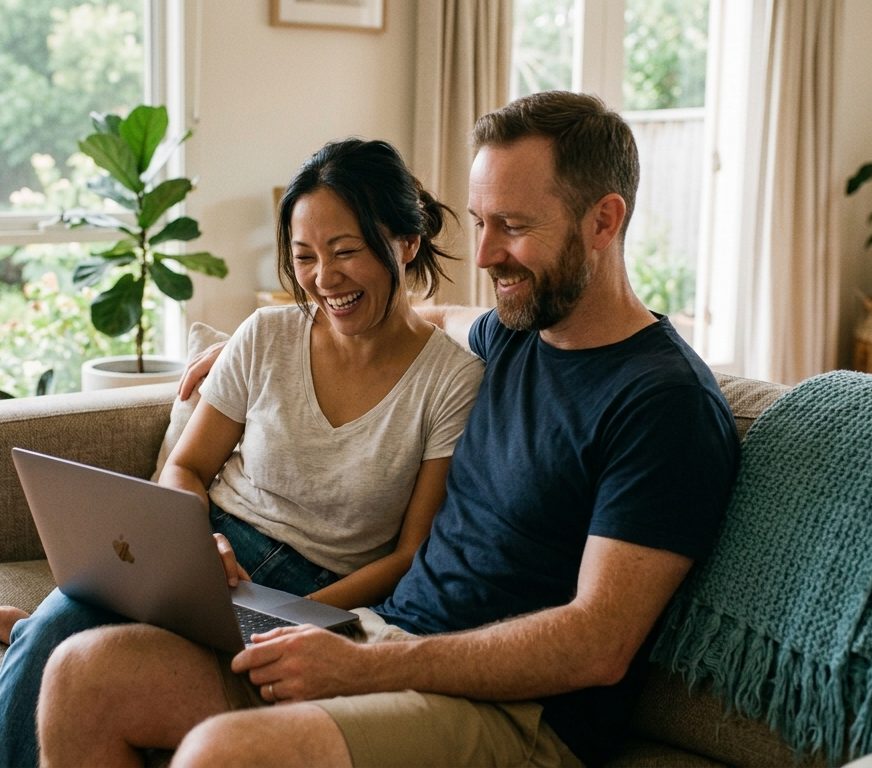 Couple on their sofa smiling at a laptop