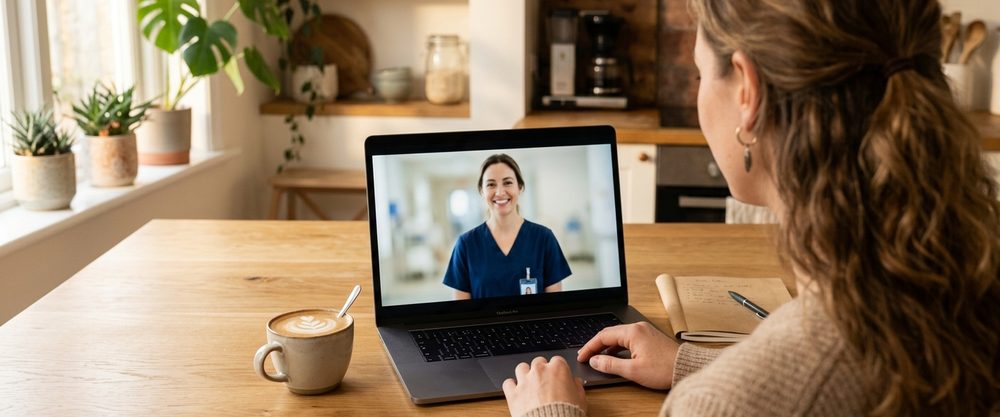 Woman at her kitchen table on a video consultation with a nurse practitioner