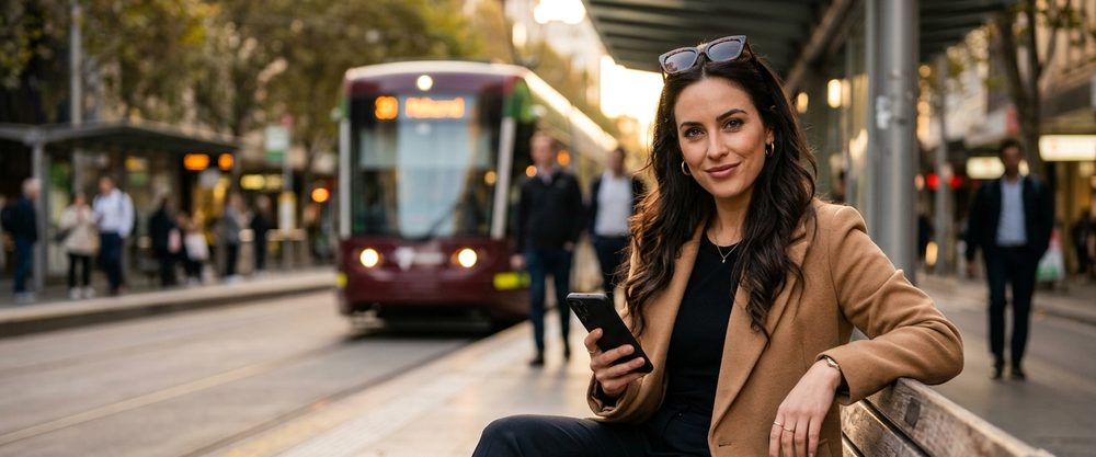 Woman at a Melbourne tram stop with her phone