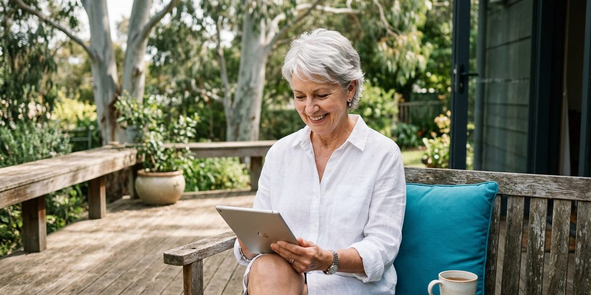 Woman relaxing on her back deck, reading on a tablet with a cup of tea