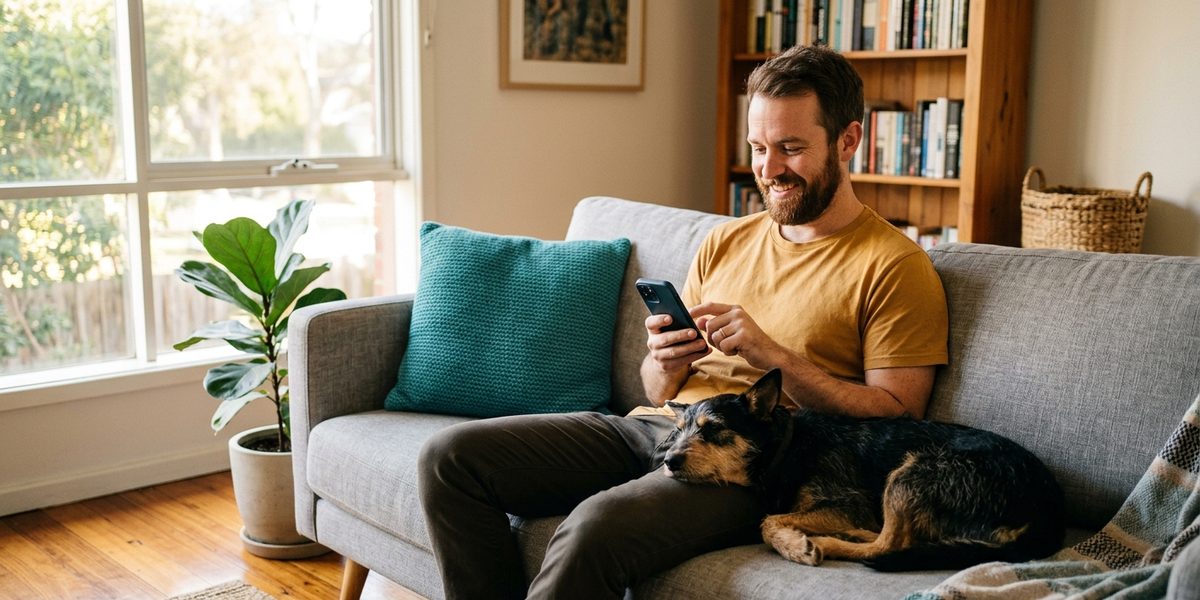 Man on his sofa with his dog, answering a short pre-screening on his phone