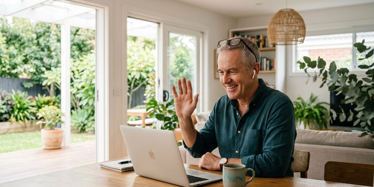 Man at his dining table waving hello on a laptop video call