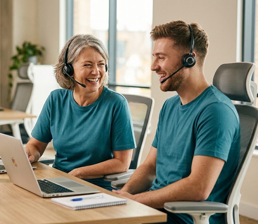 Two patient support team members with headsets sharing a laugh at their desk