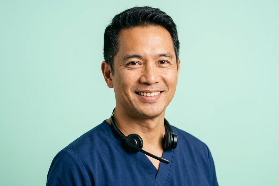 Smiling nurse practitioner with a headset around his neck