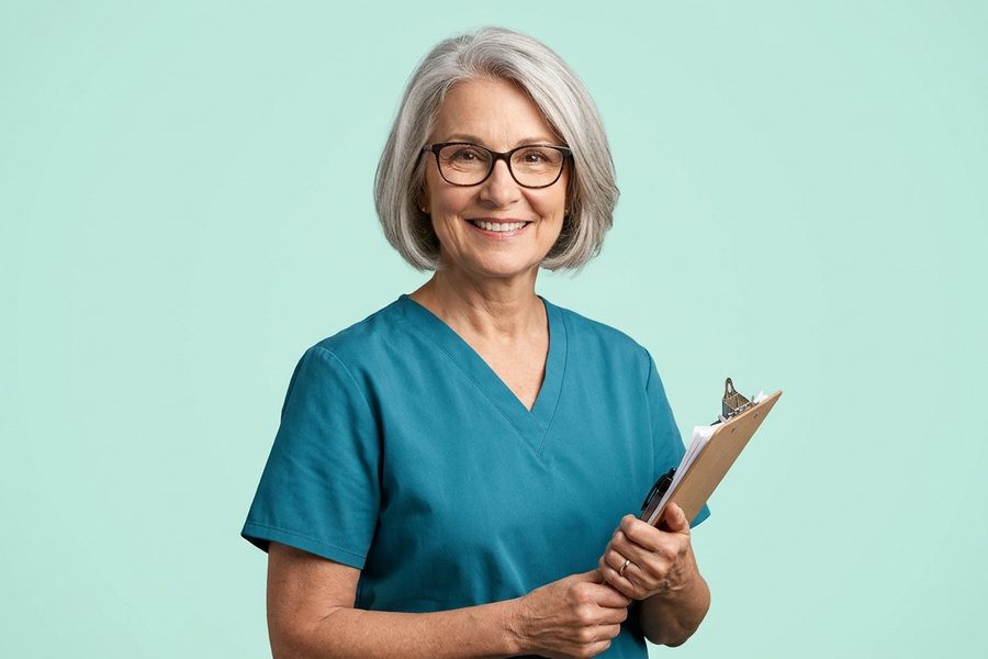 Smiling nurse practitioner holding a clipboard