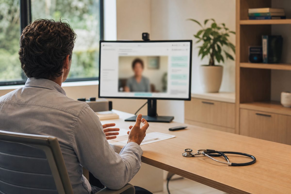 Clinician at a desk speaking with a patient over a secure video consultation