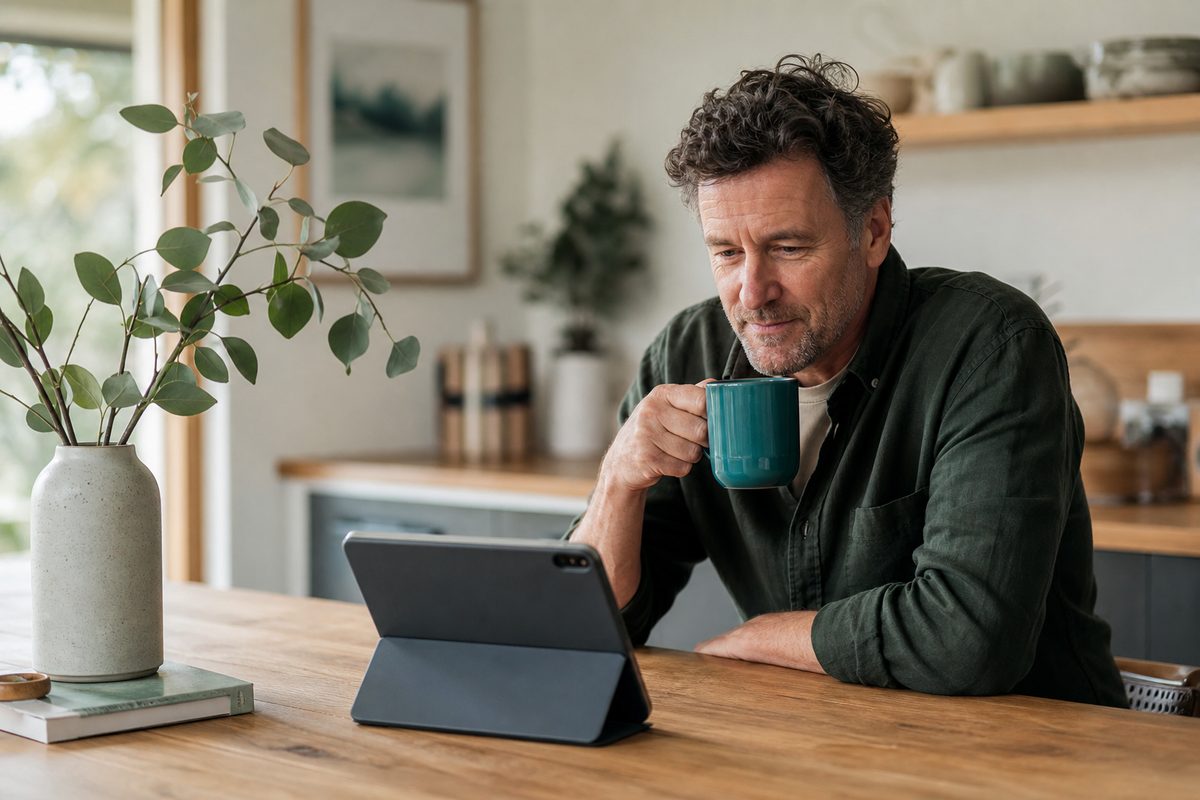 Man reading about Dosely on a tablet at his kitchen bench