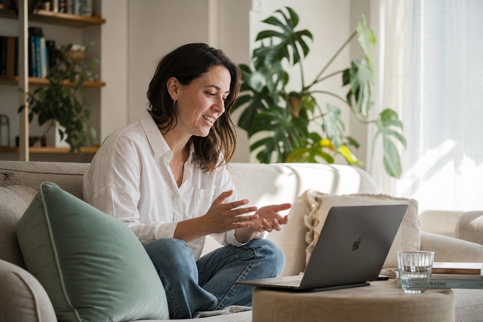 Woman at home speaking with her practitioner during a Dosely telehealth video consultation