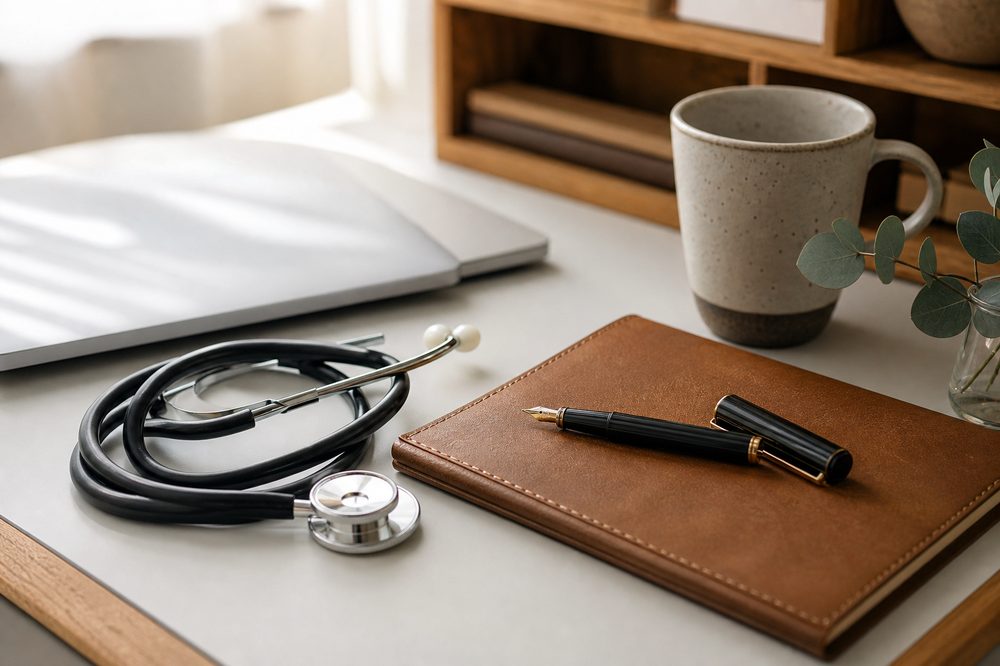 Clinician's desk with stethoscope, notebook and pen in soft morning light