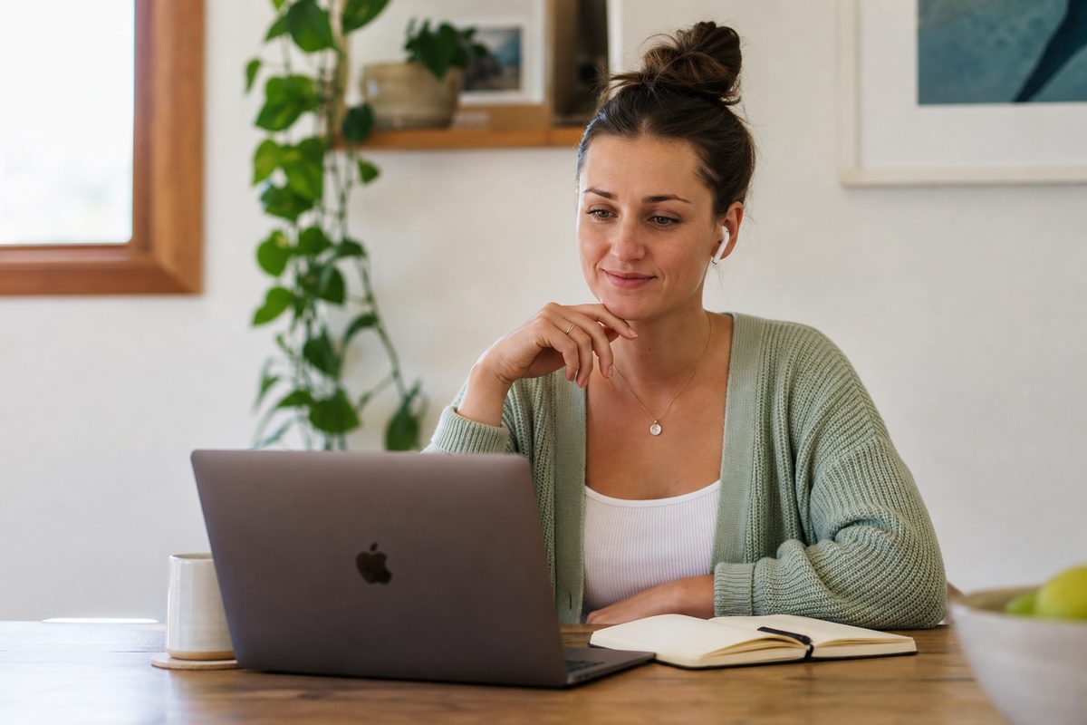 Woman wearing earbuds during a video consultation with her practitioner at a home desk