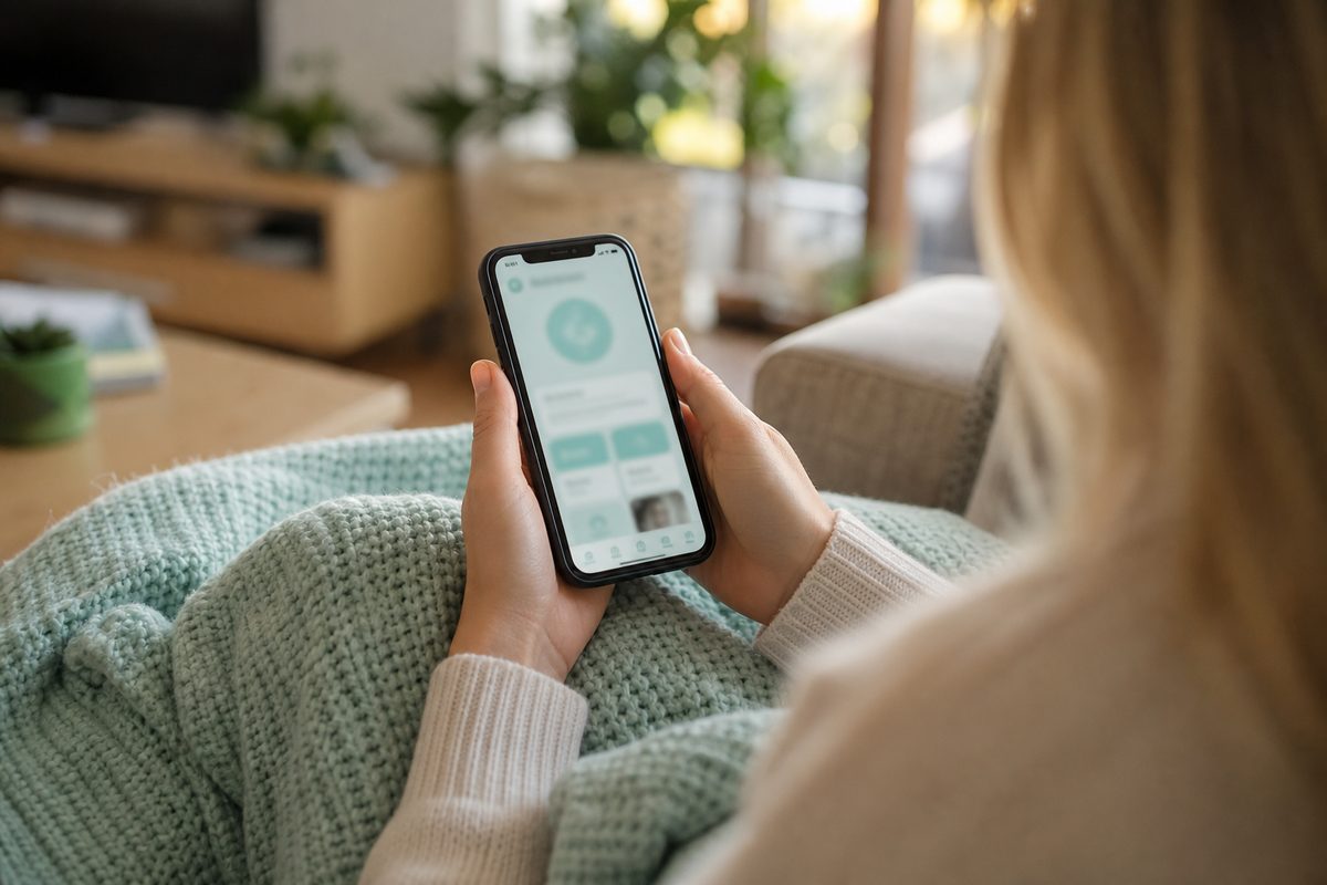 Hands holding a phone showing a wellness questionnaire from the couch