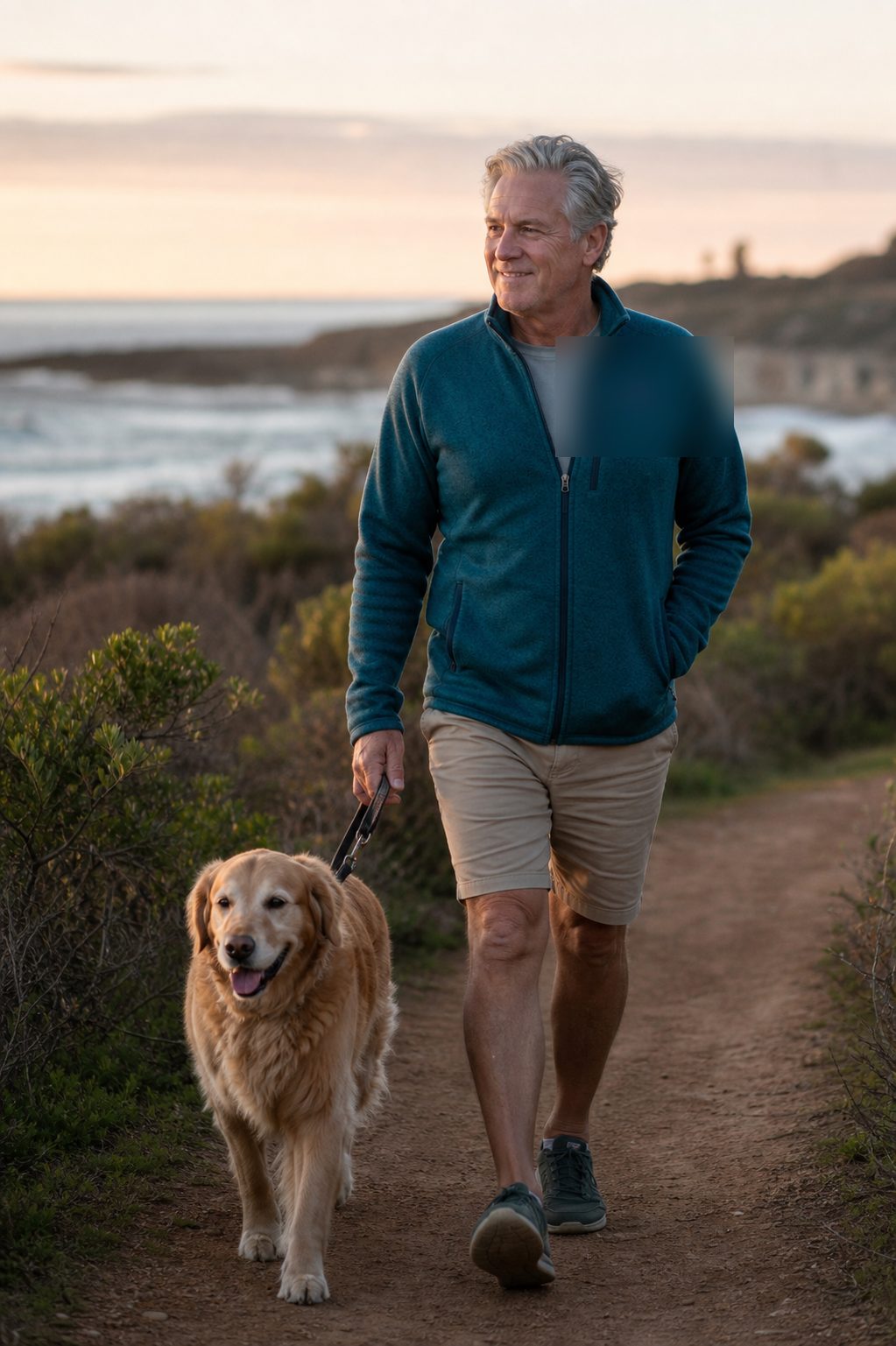 Man walking his golden retriever along a coastal path at golden hour